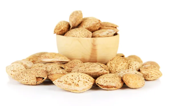 Almond in wooden bowl, isolated on white — Stock Photo, Image