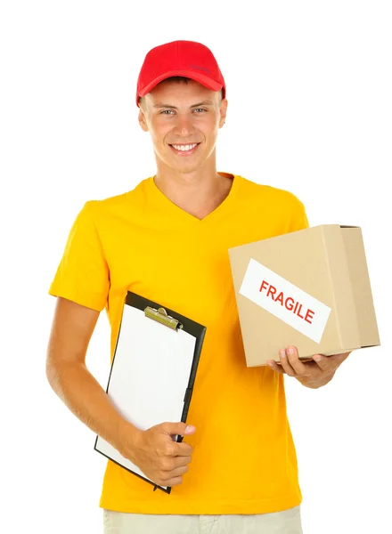 Young delivery man with parcel and clipboard, isolated on white — Stock Photo, Image