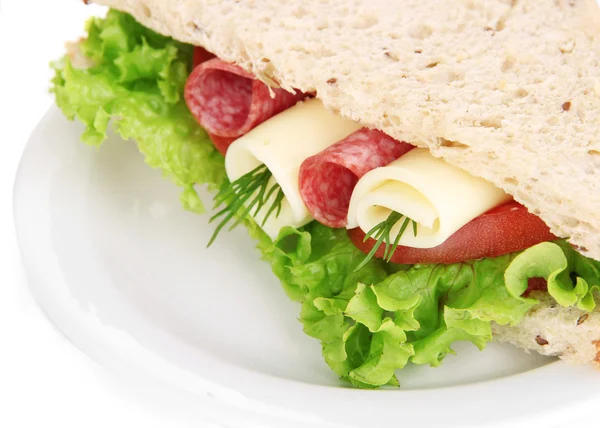 Tasty sandwich with salami sausage and vegetables on white plate, isolated on white — Stock Photo, Image