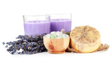 sabun ve üzerinde beyaz izole taze lavanta Lavanta Mum