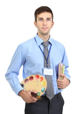 Genç stajyer sanatçı beyaz izole
