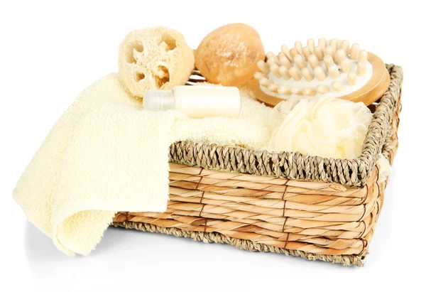 Set for spa in wicker basket, isolated on white — Stock Photo, Image