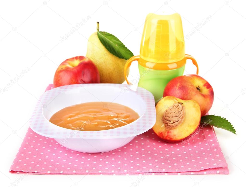 Savoureux Bebe Puree De Fruits Et Biberon Isole Sur Blanc Image Libre De Droit Par Belchonock C