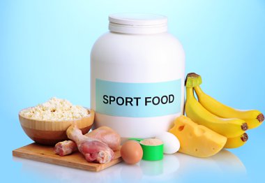 protein tozu ve gıda protein, mavi zemin üzerine kavanoz