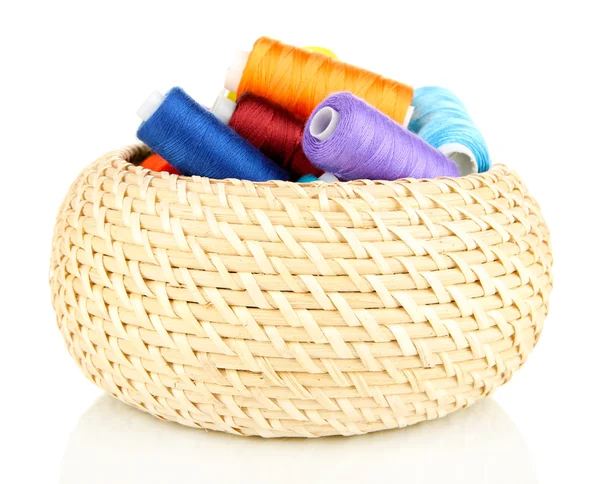 Wicker basket with accessories for needlework isolated on white — Stock Photo, Image