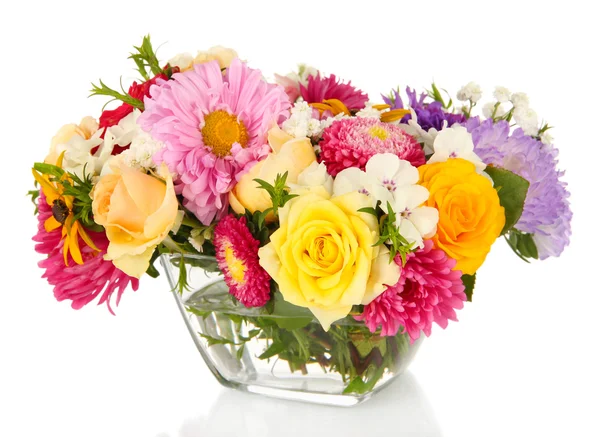 Beautiful bouquet of bright flowers in glass vase, isolated on white — Stock Photo, Image