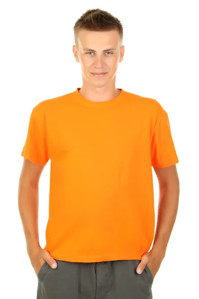 젊은 남자 흰색 절연에 t-셔츠 — 스톡 사진