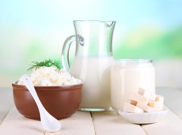 Frische Milchprodukte auf Holztisch vor natürlichem Hintergrund — Stockfoto