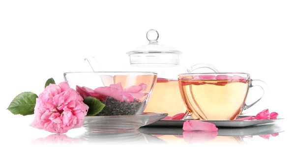 Kettle and cup of tea from tea rose on metallic tray isolated on white — Stock Photo, Image