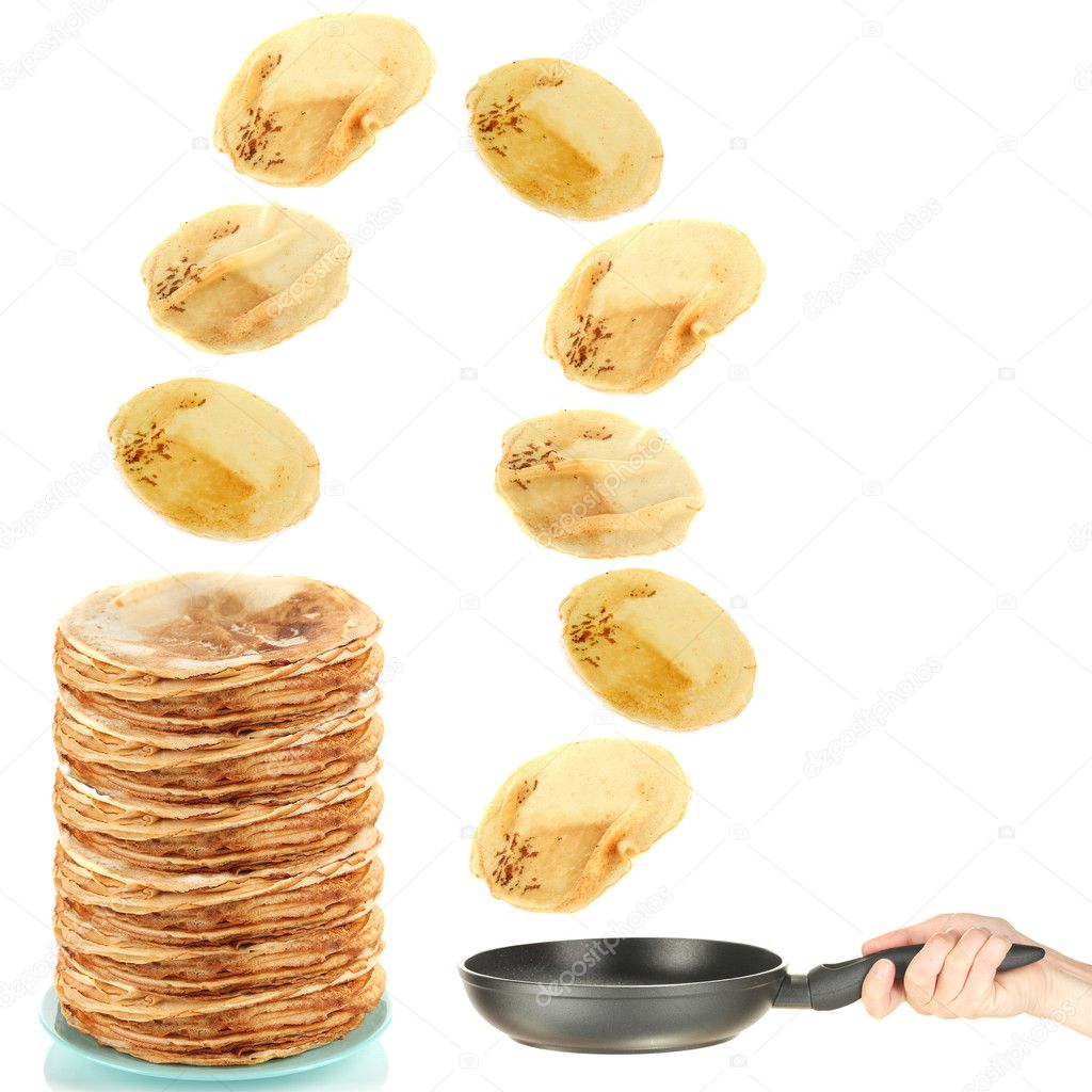 Frying pan with flying pancakes