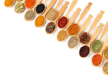 Assortment of spices in wooden spoons, isolated on white clipart