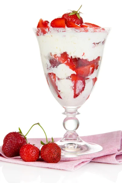 Natural yogurt with fresh strawberries isolated on white — Stock Photo, Image