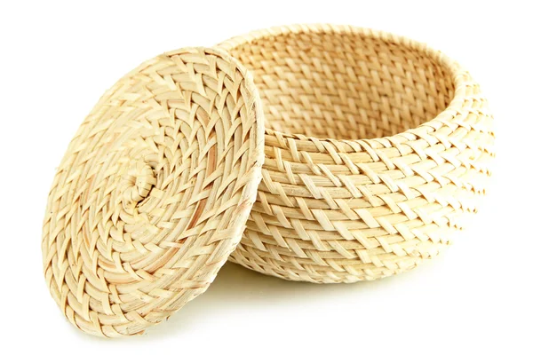 Wicker basket with cover, isolated on white — Stock Photo, Image