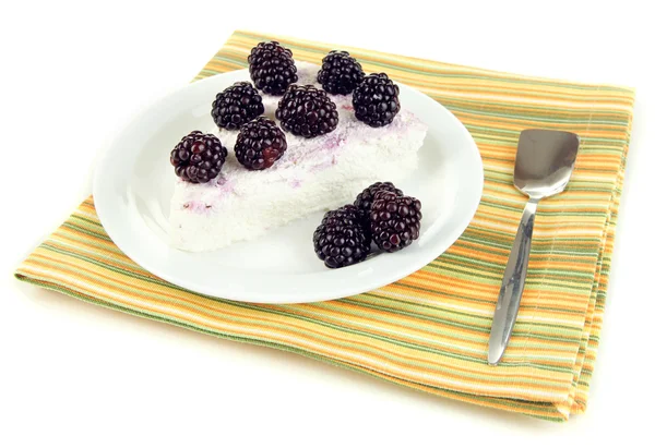 Cheesecake with fresh berries on white plate isolated on white — Stock Photo, Image