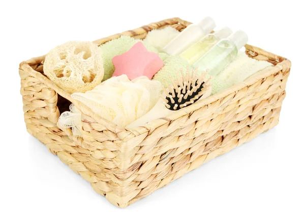 Set for spa in wicker basket, isolated on white — Stock Photo, Image