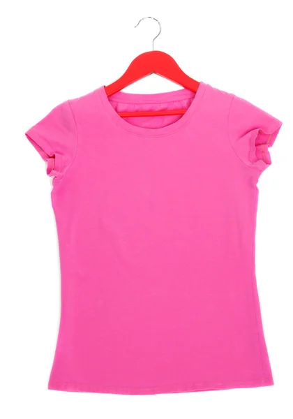 Pink t-shirt on hanger isolated on white — Stock Photo, Image