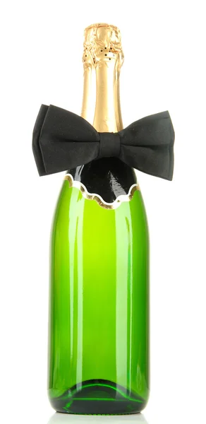 Corbata de lazo negro en botella de champán aislado en blanco — Foto de Stock