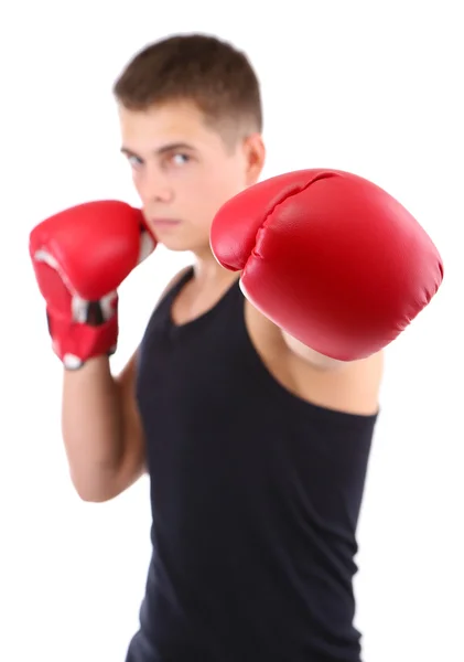 Bonito jovem boxer muscular isolado em branco — Fotografia de Stock