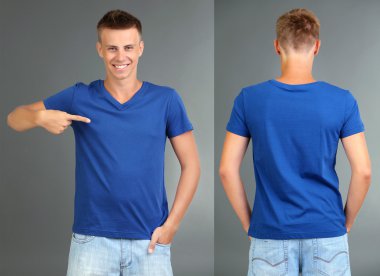 t-shirt üzerine genç adam önünde ve arkasında gri arka plan üzerine