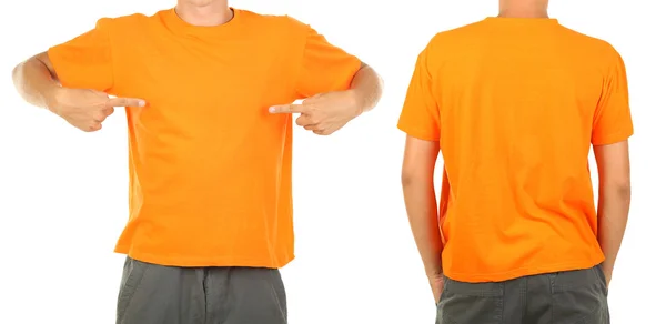 Genç adam önünde ve arkasında izole üzerinde beyaz t-shirt — Stok fotoğraf