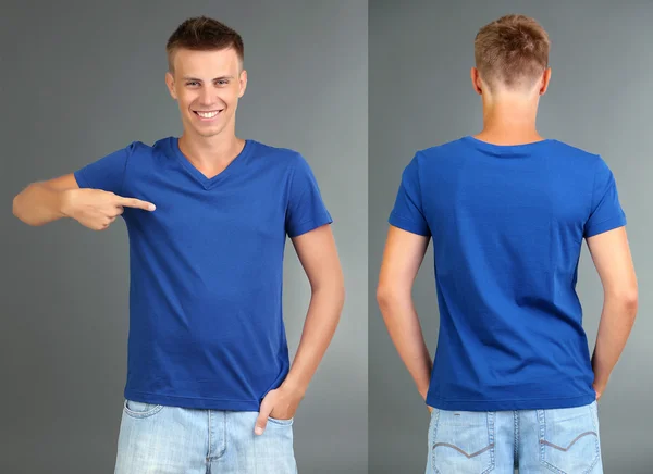 T-shirt on young man in front and behind on grey background — Stock Photo, Image