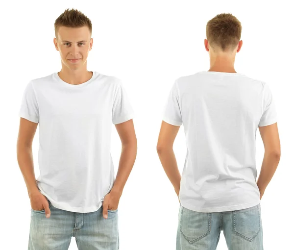T-shirt on young man in front and behind isolated on white — Stock Photo, Image