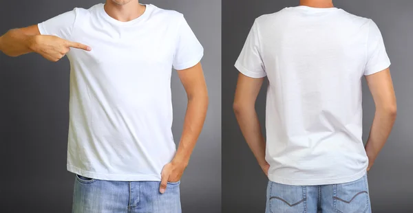 Camiseta de hombre joven delante y detrás sobre fondo gris —  Fotos de Stock