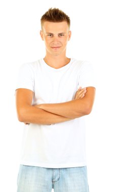 t-shirt üzerine genç adam beyaz izole