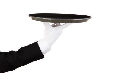 boş tepsi el garson üzerinde beyaz izole.