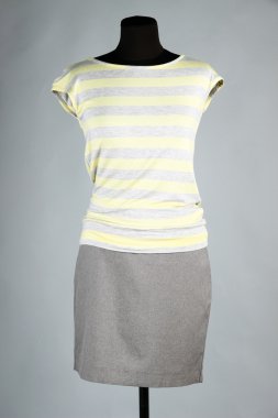 güzel bluz ve gri arka plan üzerinde manken üzerinde gri etek