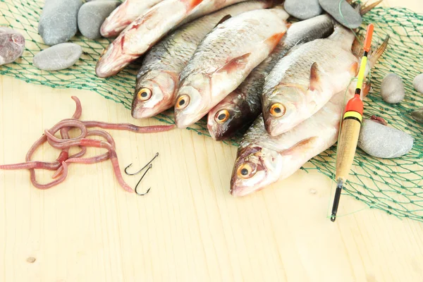 Peces en la red de pesca sobre fondo de madera —  Fotos de Stock