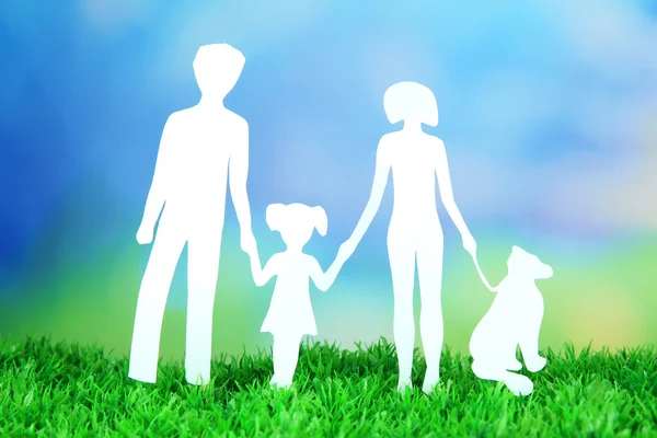 Familie aus Papier auf Gras auf hellem Hintergrund — Stockfoto