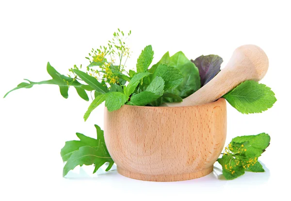 Fresh herbs in mortar, isolated on white — Stock Photo, Image
