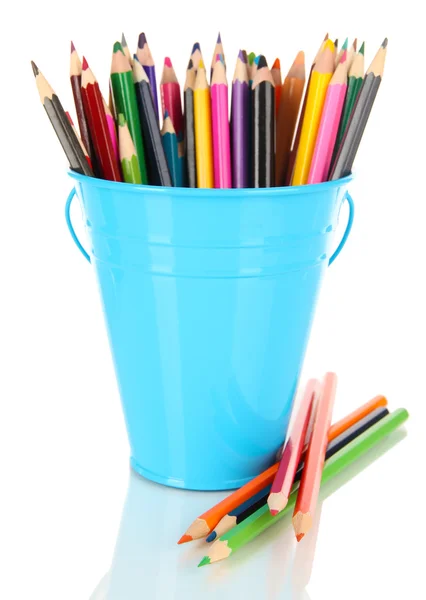 Color bucket with multicolor pencils, isolated on white — Stock Photo, Image