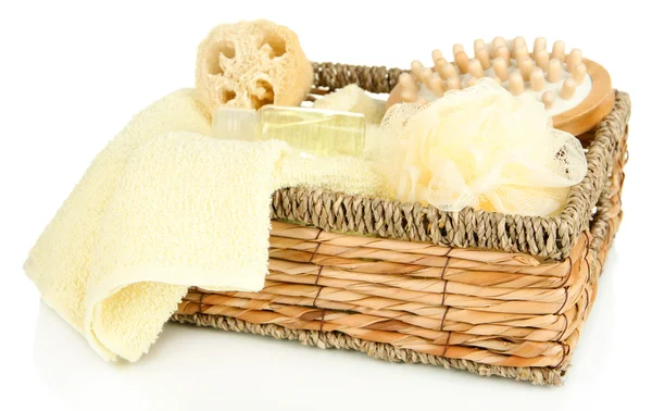 Set for spa in wicker basket, isolated on white — Stock Photo, Image