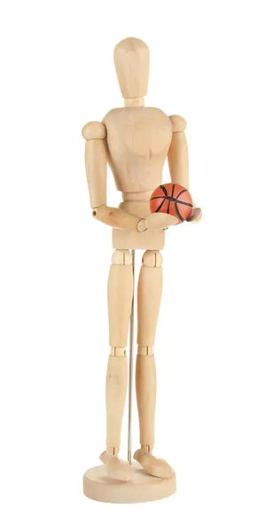 Wooden mannequin with basketball ball — Stock Photo, Image