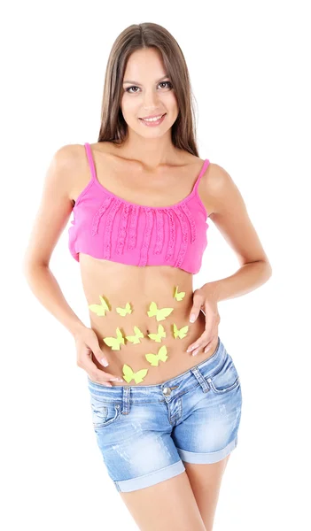 Young girl with butterfly on stomach isolated on white — Stock Photo, Image