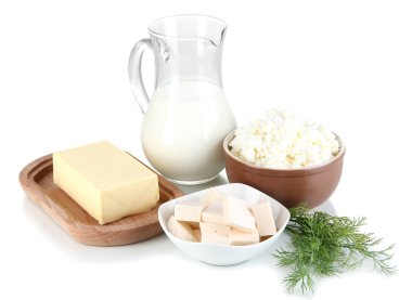 Fresh dairy products with greens isolated on white clipart