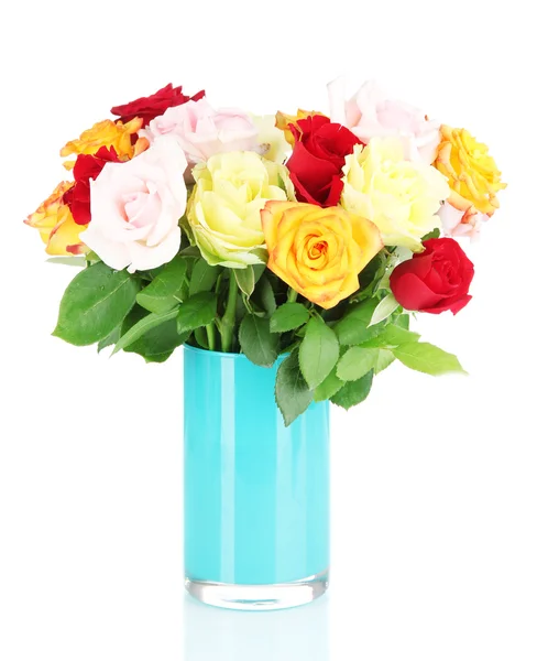 Beautiful bouquet of roses in vase isolated on white — Stock Photo, Image