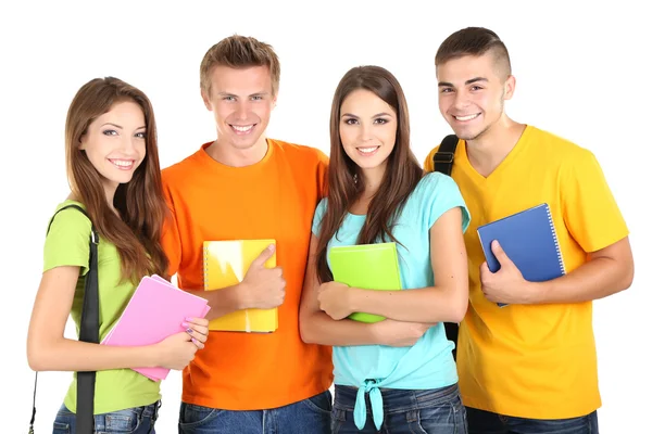 Glückliche Gruppe schöner junger Studenten, isoliert auf weißem Grund — Stockfoto