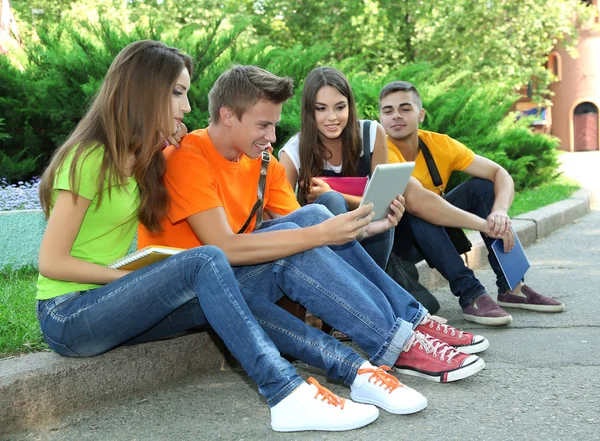 Szczęśliwy grupa młodych studentów siedzi w parku — Zdjęcie stockowe