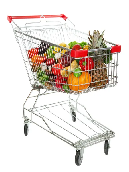 Různé druhy ovoce a zeleniny ve vozíku — Stock fotografie