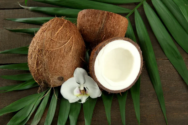 Cocos con hojas y flores, sobre fondo de madera gris —  Fotos de Stock