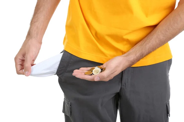 Hombre mostrando su bolsillo vacío, aislado en blanco — Foto de Stock