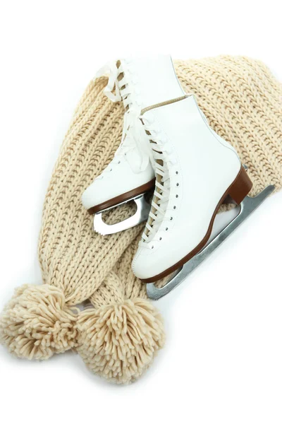 Figure skates with scarf isolated on white — Stockfoto