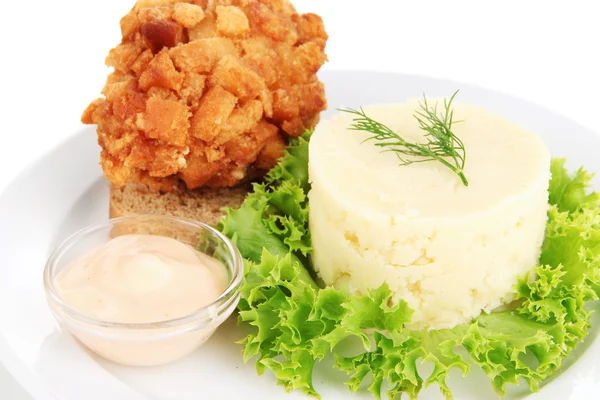 tavuk kiev üzerinde kruton üzerinde beyaz izole patates püresi ile