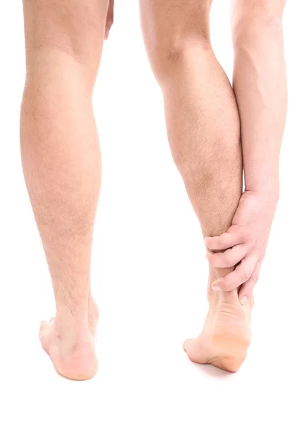 Bacak ağrısı, üzerinde beyaz izole genç adamla — Stok fotoğraf