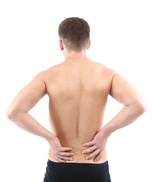 Junger Mann mit Rückenschmerzen, isoliert auf weiß — Stockfoto