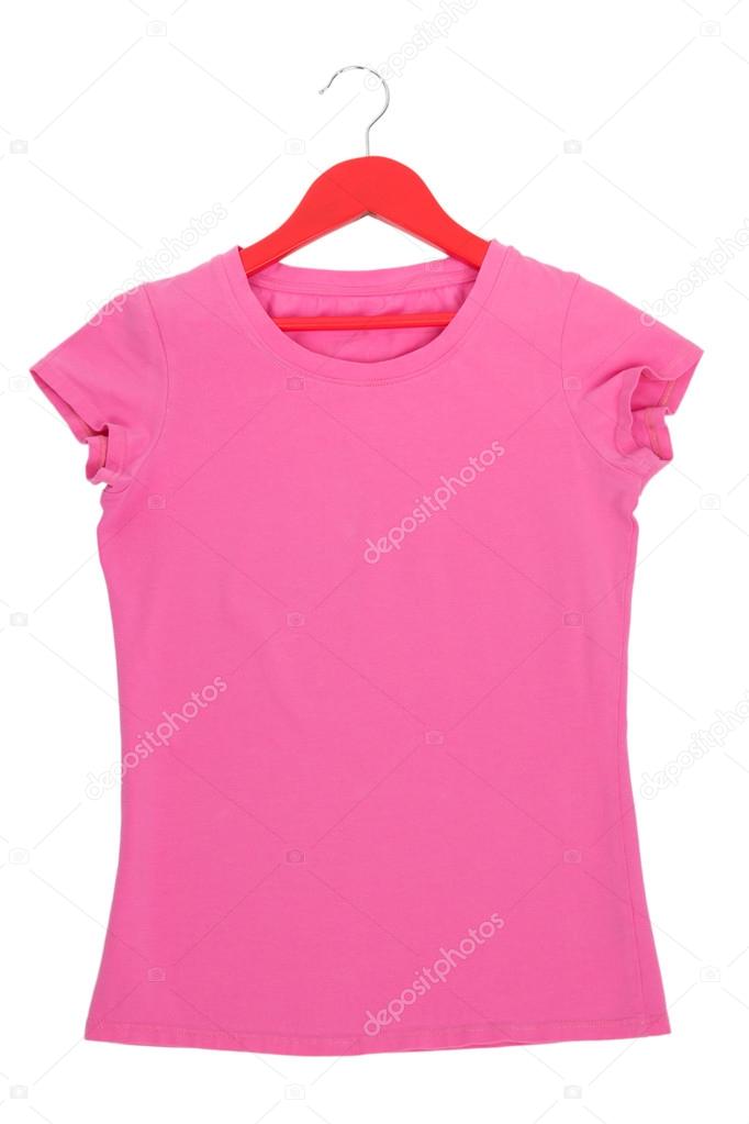 Pink t-shirt on hanger isolated on white