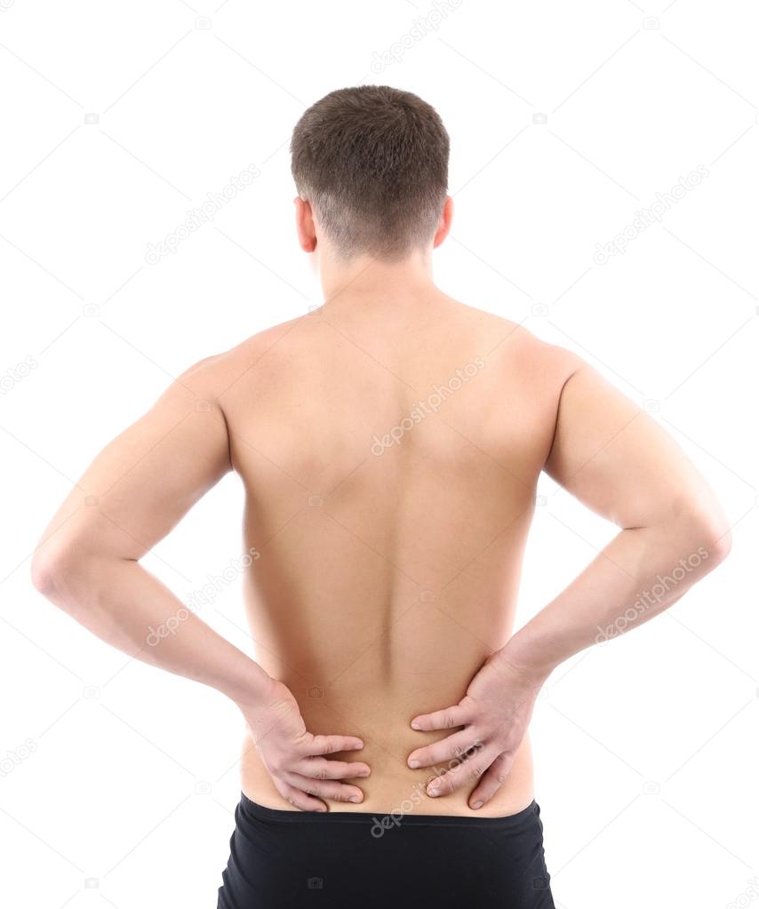 Young man with back pain, isolated on white